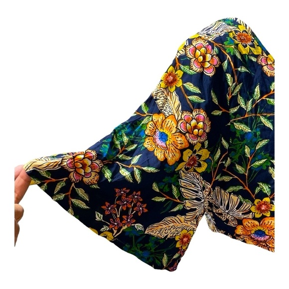 New Look Floral Tie-Front Crop Top Boho Kimono Sleeve Navy Multicolor Size M - Picture 5 of 8